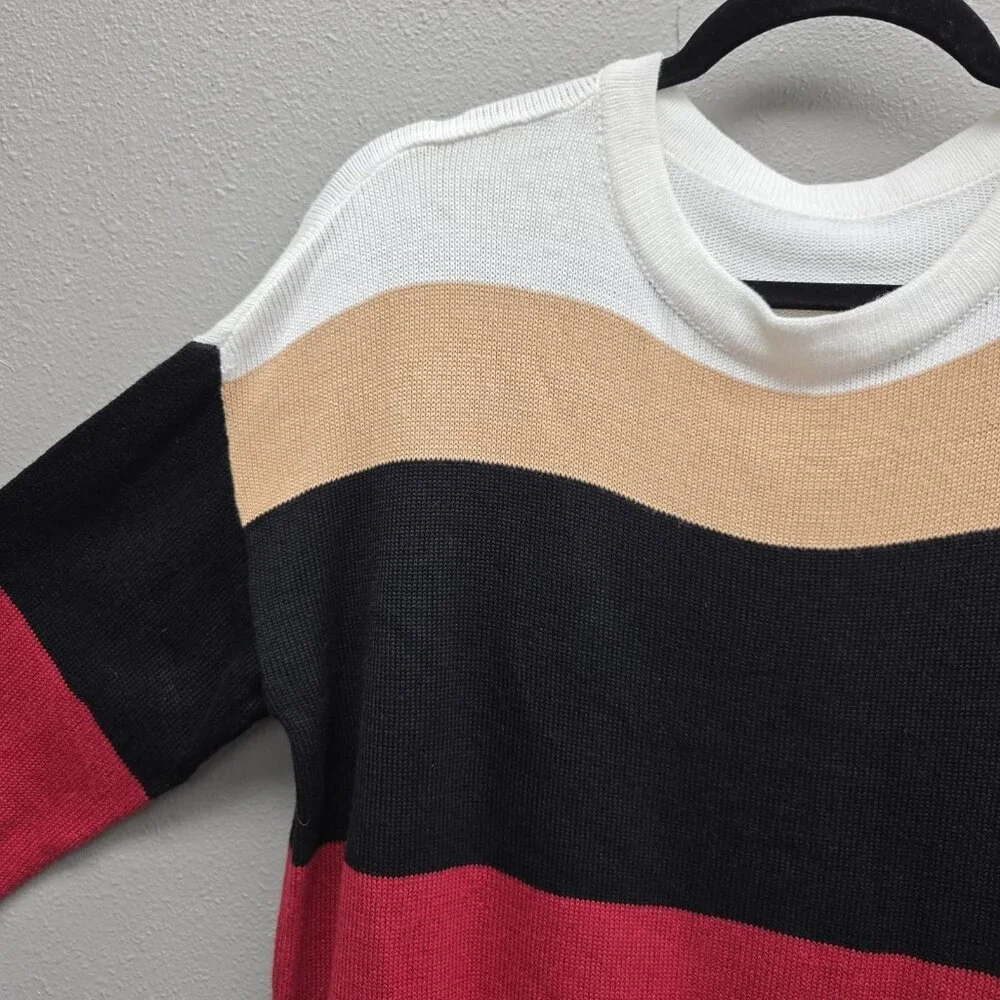 Striped Sweater Womens XL Black Red Tan White Colorblock Pullover Drawstring Hem - Picture 2 of 8